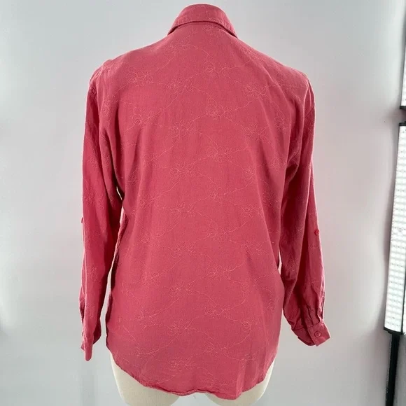Napa Valley top L pink coral 55% linen floral button down coastal 90s vintage